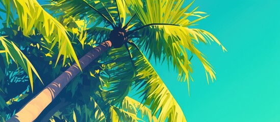 Artwork depicting two tropical coconut palm trees with large green leaf canopies against a backdrop of a clear blue sky