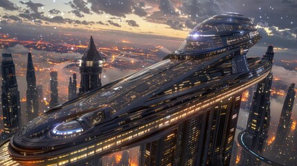 Wall Mural - Futuristic Cityscape with Spaceship