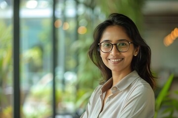 Wall Mural - A woman wearing glasses and a white shirt is smiling, generative ai image