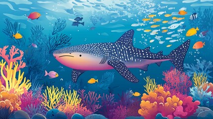 Wall Mural - A large whale shark swims through a vibrant coral reef, surrounded by colorful fish and plants.