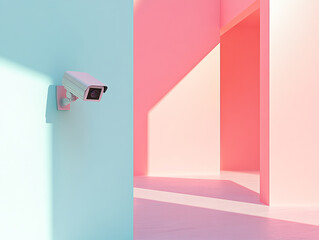 Poster - A security camera installed on pastel colored wall adds modern touch to vibrant space, enhancing both safety and aesthetics. interplay of colors creates visually appealing environment