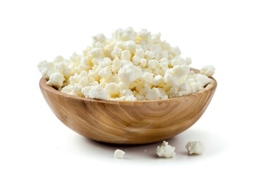 Wall Mural - A wooden bowl filled with cottage cheese against a clean white background, ideal for use in food, recipe, and kitchen context