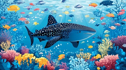 Canvas Print - A large whale shark swims through a vibrant coral reef, surrounded by colorful fish and marine life.