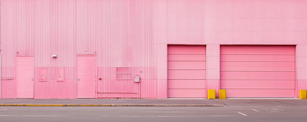 Poster - A pastel pink warehouse exterior showcases minimal structure, featuring large doors and smooth facade. vibrant color creates cheerful and inviting atmosphere