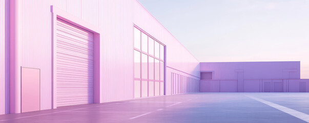 Poster - A pastel purple warehouse with clean and simple exterior, featuring large windows and smooth surface. serene atmosphere evokes sense of calm and modernity