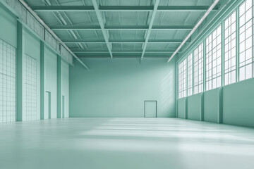 Poster - A minimalist pastel mint green warehouse interior featuring clean lines and ample natural light. spacious area is perfect for various creative uses, evoking sense of calm and inspiration