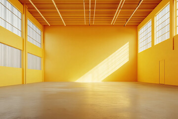 Poster - A spacious minimalist warehouse interior features pastel yellow walls, creating bright and inviting atmosphere. natural light streaming through windows enhances openness and warmth of space