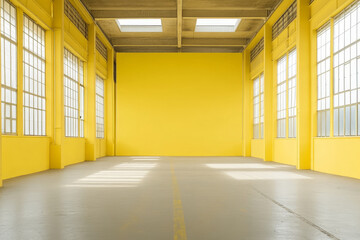 Poster - A spacious minimalist warehouse interior features pastel yellow walls and large windows, creating bright and inviting atmosphere. open space is perfect for various uses