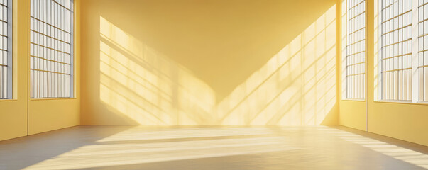 Poster - A minimalist warehouse with pastel yellow walls and clean lines creates serene atmosphere. sunlight casts beautiful shadows, enhancing tranquil space