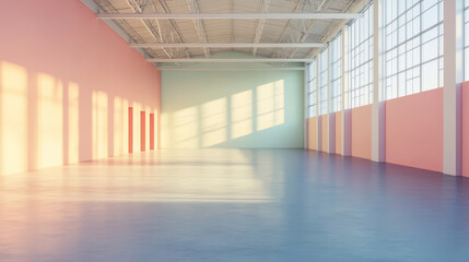 Poster - A minimalist warehouse with pastel colored walls creates serene and inviting atmosphere. clean lines and ample natural light enhance spacious feel of interior