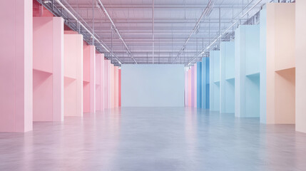Poster - A minimalist warehouse features pastel colored walls in pink and blue, creating serene and clean atmosphere. spacious interior invites creativity and calmness