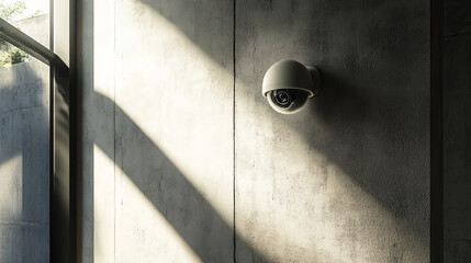 Poster - A security camera is fixed on textured wall, capturing modern ambiance of space. interplay of light and shadow enhances contemporary design, creating sense of safety and vigilance