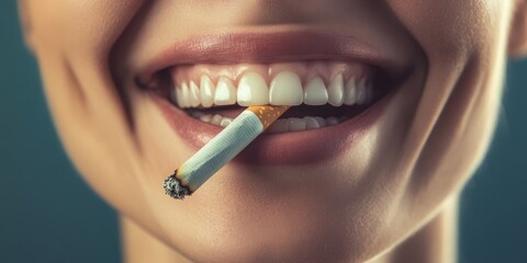 A close-up of a smile showcasing bright teeth with a cigarette held between lips, capturing both beauty and contradiction.