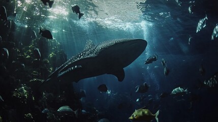 Wall Mural - A large whale shark swims through a school of fish in the ocean, sunbeams shining through the water.