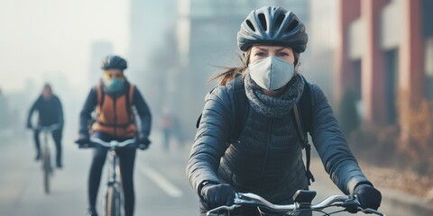 A cyclist wearing a mask rides through a cityscape, capturing the essence of urban commuting and health awareness in modern life.