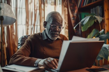 A person sits at a desk using a laptop