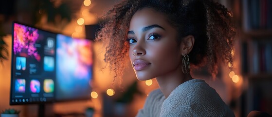 Canvas Print - Woman with curly hair looks over her shoulder, looking into the camera with a serious expression.