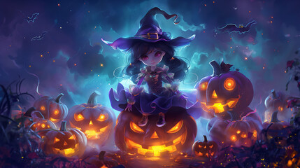 A little witch with a flowing purple dress, sitting on a glowing pumpkin, surrounded by smiling jack-o'-lanterns. The background is a spooky but fun Halloween night with twinkling stars. 