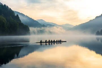 Silhouetted rowers gliding across a tranquil lake at dawn. Mist rises from the water as the sun begins to light up the sky. A peaceful and serene landscape. Generative AI