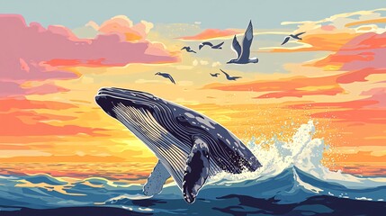 Wall Mural - a humpback whale leaps out of the water at sunset, with a flock of birds flying overhead.