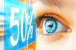 © Konstiantyn Zapylaie - Close-up of blue eye reflecting 50% discount in futuristic digital display