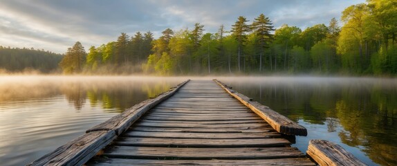 Canvas Print - Dock extending into serene lake, surrounded by trees and morning mist, evoking tranquility and natural beauty for relaxation or exploration themes.