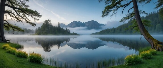 Canvas Print - Serene lake surrounded by mountains and trees, shrouded in early morning fog, creating tranquil atmosphere perfect for relaxation and exploration.