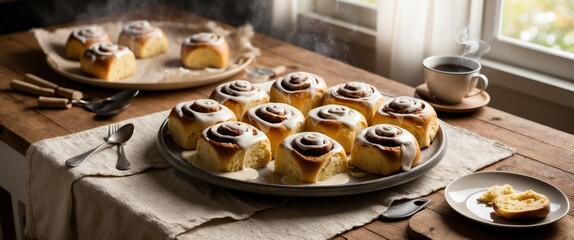 Warm cinnamon rolls with icing on a wooden table, inviting atmosphere with coffee, perfect for breakfast, brunch, or cozy gatherings.