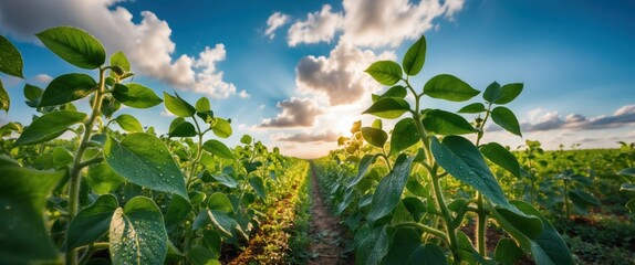 Lush sunflower plants basking in sunlight on a vibrant farm field, showcasing rich greenery and the beauty of nature in an open landscape.