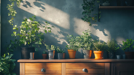 Wall Mural - Plants on Wooden Shelf.