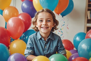 Portrait of happy with balloons behind at home, birthday party