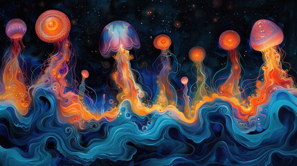 Colorful jellyfish swimming gracefully in a vibrant underwater scene during nighttime