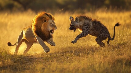 Sticker - A Lion and Hyena Confront Each Other in the Grassland