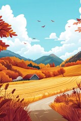 Wall Mural - Autumn landscape featuring a farm field under a blue sky showcasing a whimsical countryside with clouds sunlight mountains and orange foliage Ideal for a fall themed 2D cartoon banner or backgroun