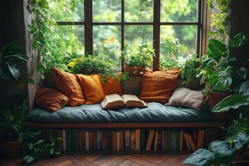 Wall Mural - Cozy Window Seat with Open Book and Plants