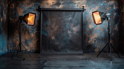 A photo studio with two lighting setups, a grey backdrop, and a textured wall.