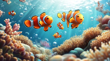 Wall Mural - A family of clownfish swim through a vibrant coral reef, sunbeams shining down from above.