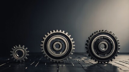 Dark Industrial Composition Featuring Three Metal Gears in Varying Sizes on Wooden Surface