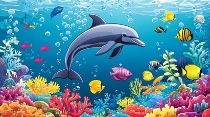 A dolphin swims through a vibrant coral reef, surrounded by colorful fish and bubbles.