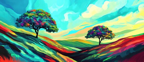 surreal landscape featuring a vibrant colorful scene with two trees in a lush meadow