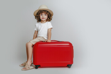 Little boy in shorts and a Panama hat sits on a red travel suitcase.