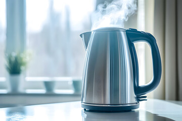 Steam rises from a stainless steel kettle on a countertop beside a bright window