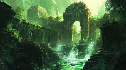 Poster - Ancient Stone Ruins Overgrown by Lush Vegetation with Waterfall