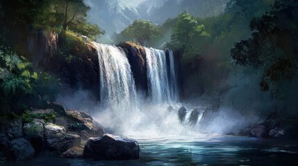 Sticker - Majestic Waterfall Plunging into a Serene Forest Pool