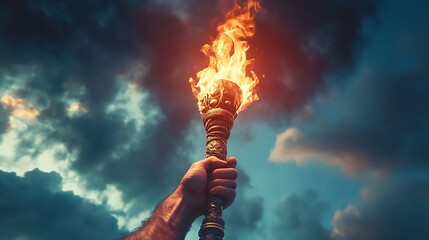 Hand holding burning torch in dark stormy sky, symbolic of hope, faith, guidance, and strength