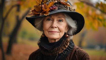 Wall Mural - Elegant elderly woman enjoying the beauty of autumn in a fashionable park setting