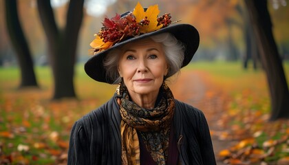 Wall Mural - Elegant elderly woman enjoying the beauty of autumn in a fashionable park setting