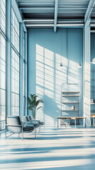 Poster - A serene warehouse interior featuring pastel blue walls and minimalist furniture. large windows allow natural light to create beautiful shadows, enhancing tranquil atmosphere