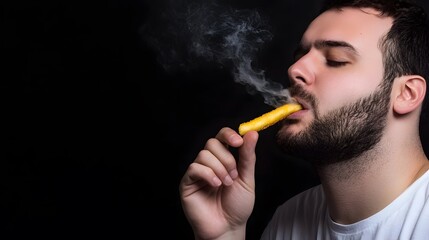 Canvas Print - A man with a beard takes a bite of a french fry, creating a plume of steam.