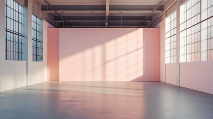 Poster - A minimalistic warehouse featuring clean lines and soft pastel colors, with large windows allowing natural light to create beautiful shadows on floor. serene atmosphere invites creativity and inspirat
